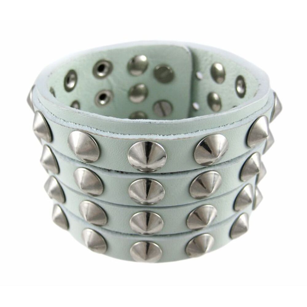 Gray Leather 4 Row Cone Spiked Wristband Wrist Band
